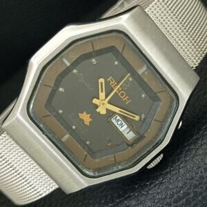 Vintage 1970 Ricoh Automatic Mens Silver Watch W/daydate & Gold accents